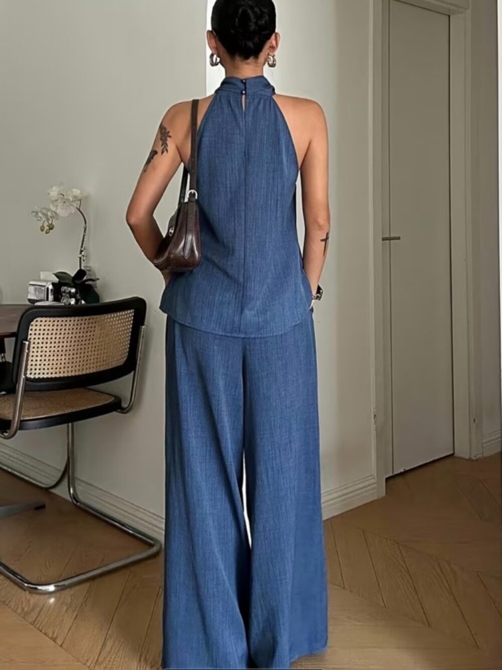 Two-Piece Vintage Coin Embellished Backless Halter Top And Wide-Leg Pants Set - Picture 3 of 5